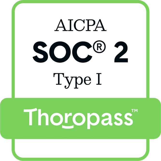 SOC 2 Type I certification badge, audited via Thoropass