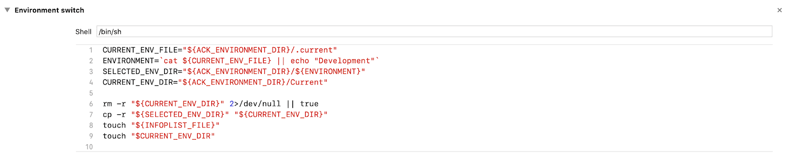 build phase which switches environment folders