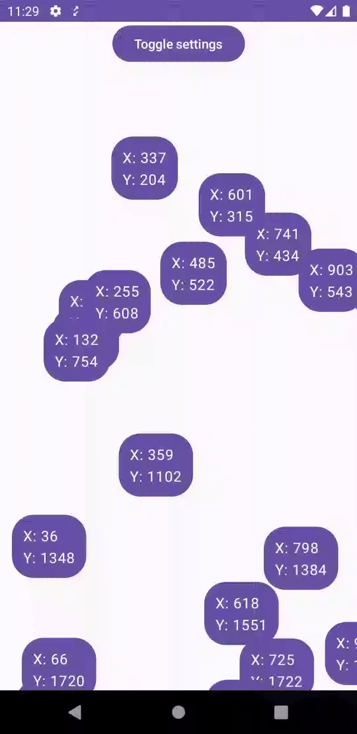 GIF with randomly generated items with X and Y coordinates placed according to these coordinates showing the laziness
