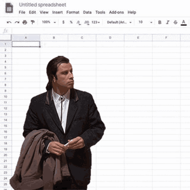 Animovaný GIF: John Travolta se rozhlíží v prázdné tabulce Google Sheets