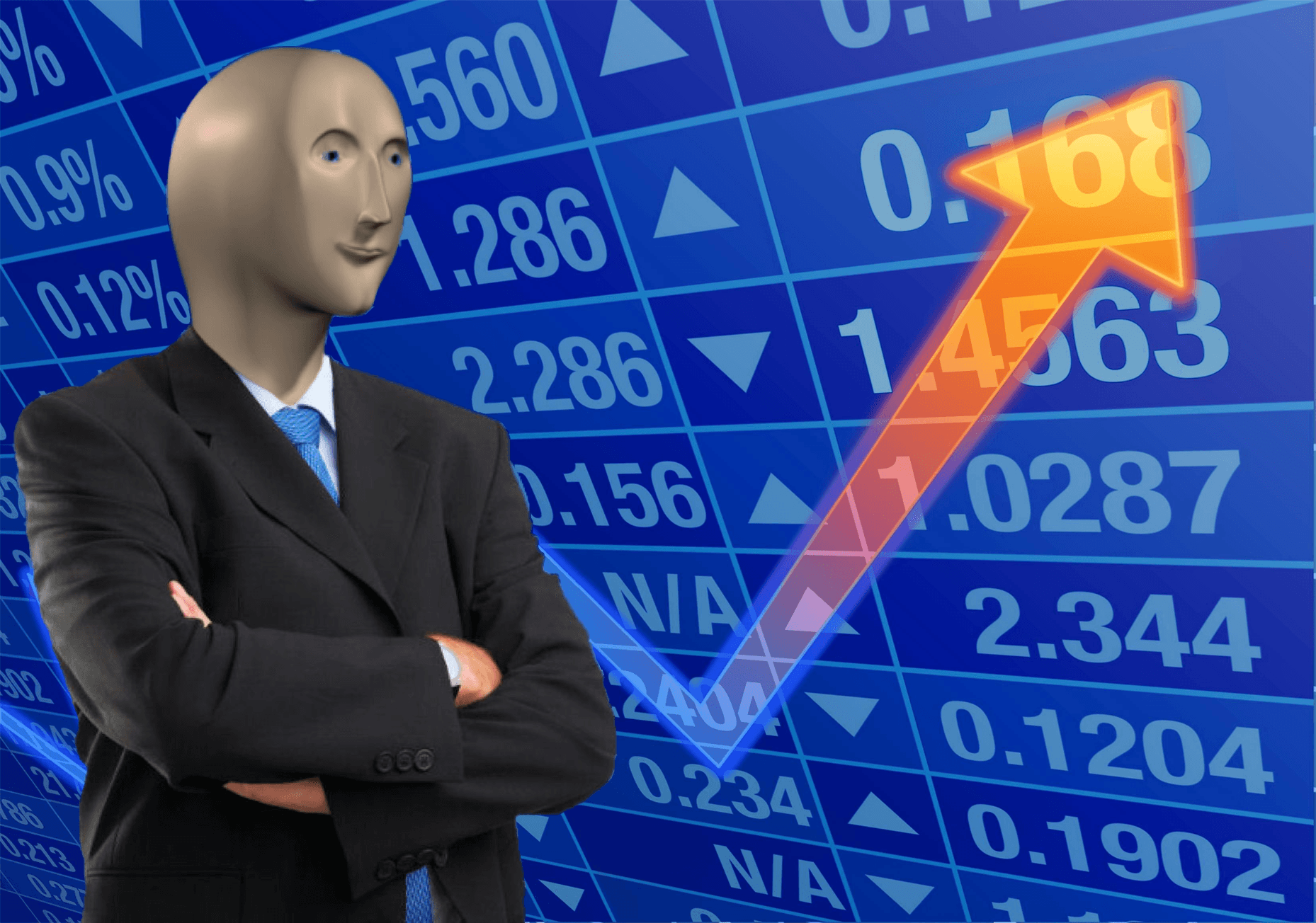 Meme s figurkou v obleku na pozadí burzovních tabulek jako nadsázka na hodnotu předplatného