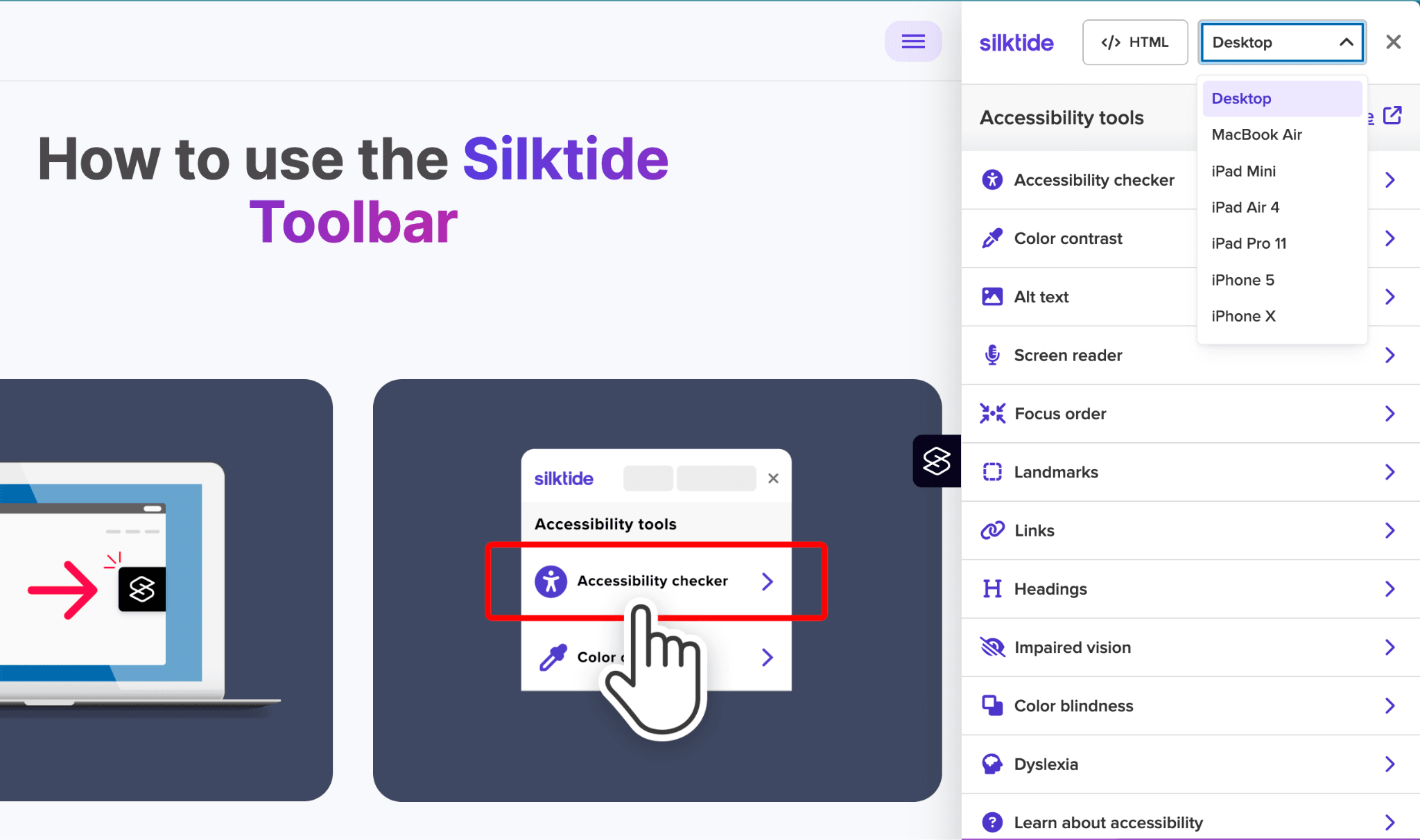 Úvodní obrazovka nástroje Silktide Toolbar pro testování přístupnosti