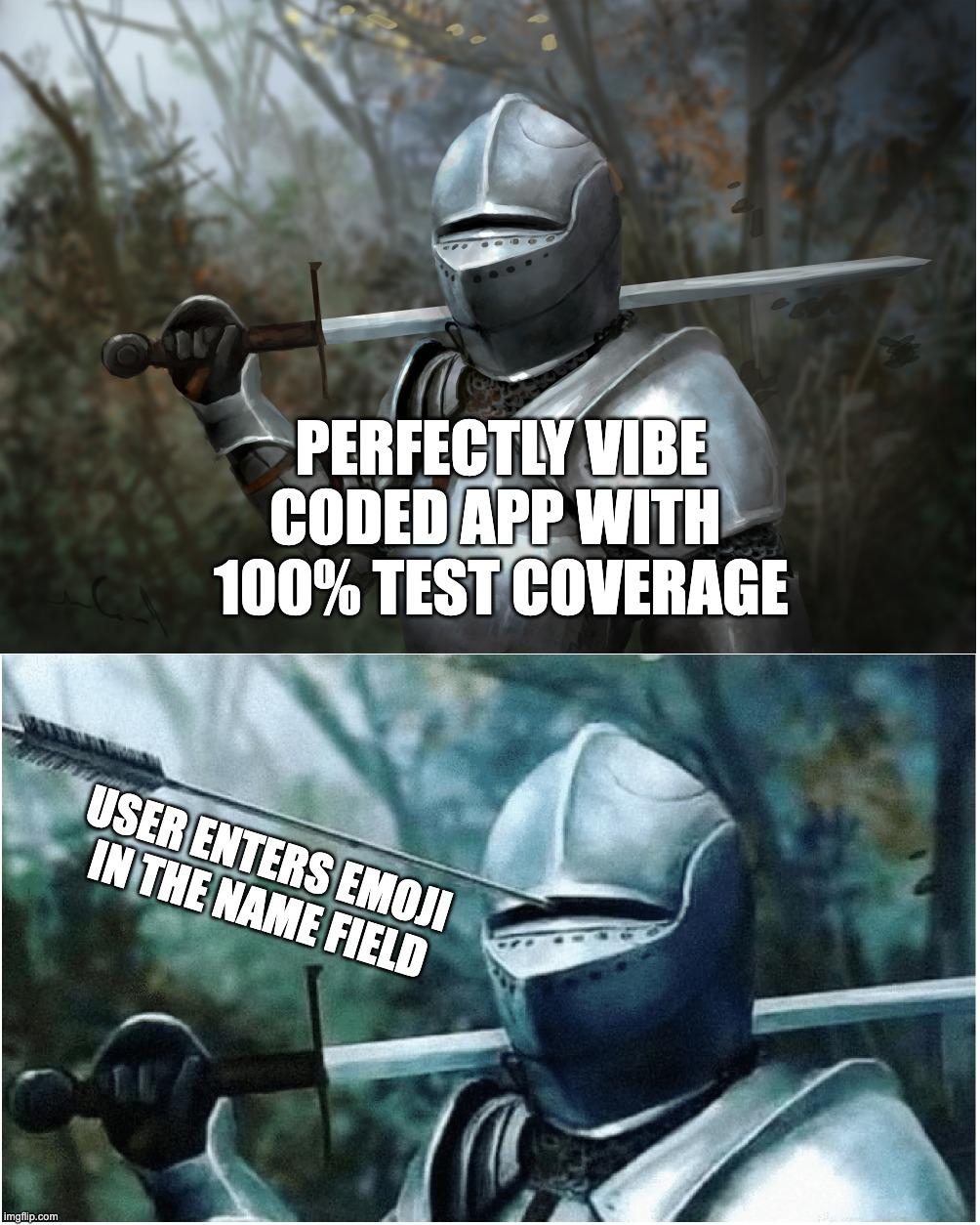 Meme s rytířem probodnutým kopím jako nadsázka na appku se stoprocentním pokrytím testů, kterou položí emoji v poli se jménem