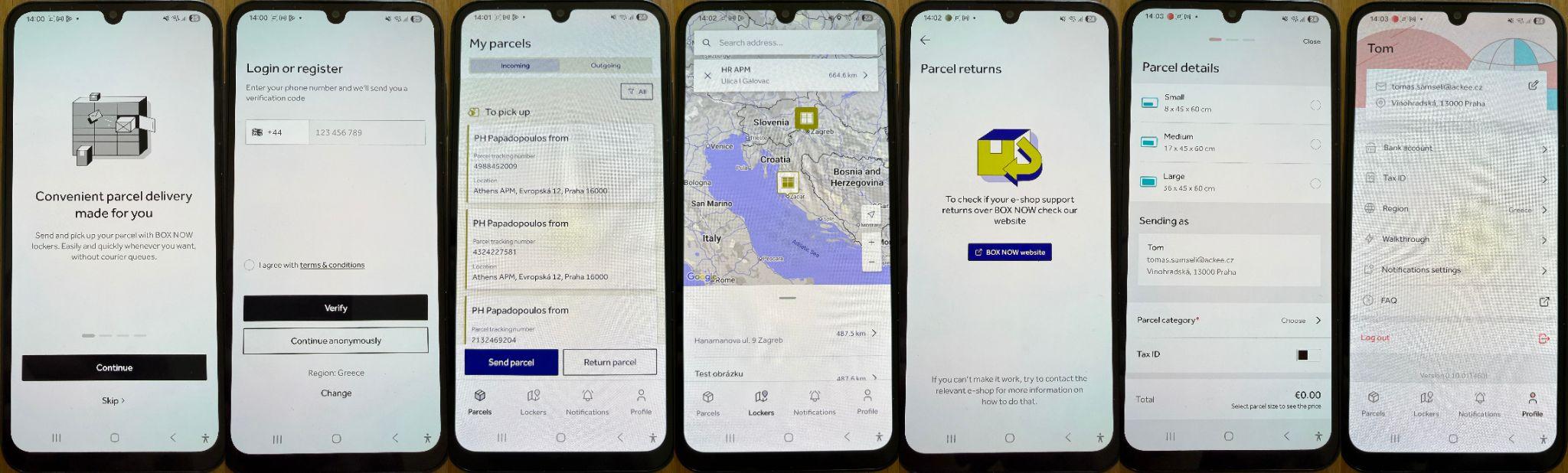 Několik snímků obrazovky aplikace BoxNow Customer App na Androidu s aktivovanými různými barevnými filtry
