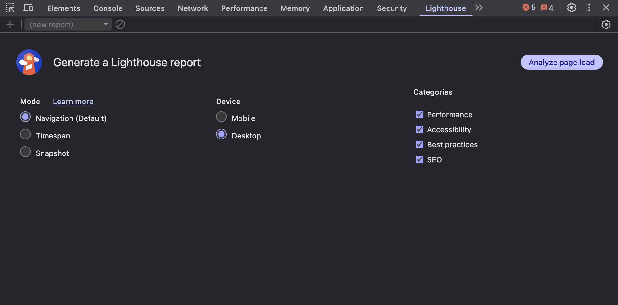 Panel Generate a Lighthouse report v Chrome Dev Tools s volbami režimu, zařízení a kategorií auditu