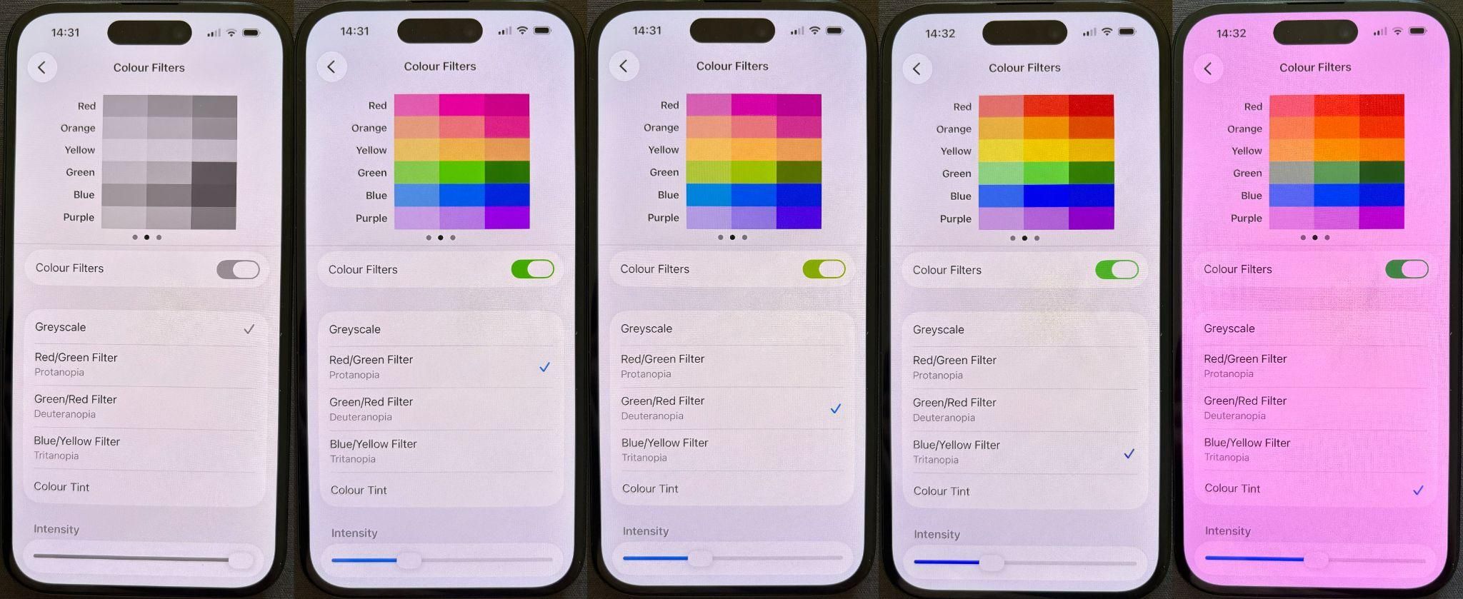 Čtyři telefony vedle sebe zobrazující nastavení barevných filtrů v systému iOS