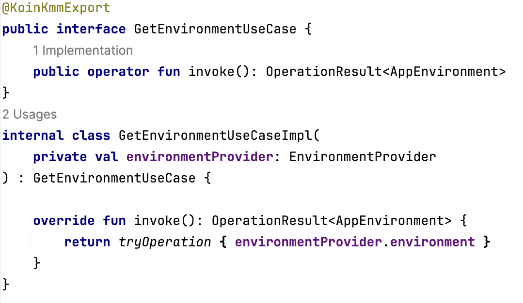 Kotlin kód use casu GetEnvironmentUseCase s anotací KoinKmmExport vracející OperationResult