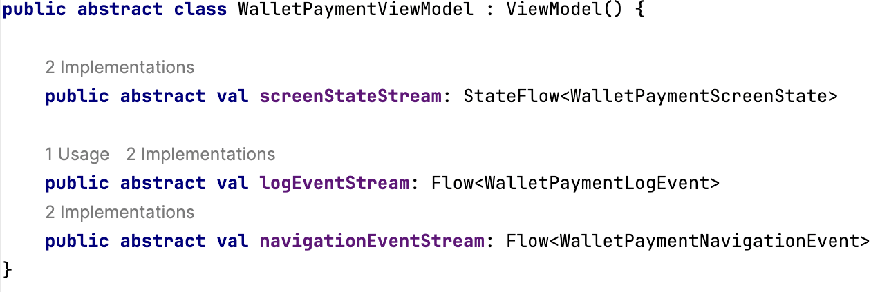 Kotlin kód sdíleného WalletPaymentViewModelu se streamy screenState, logEvent a navigationEvent