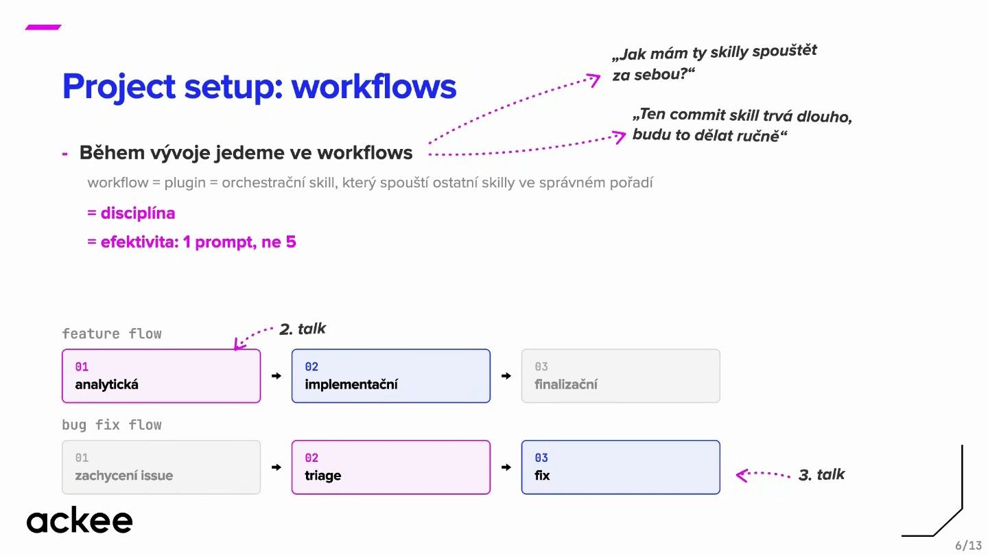 Feature flow a bug fix flow jako workflows, které spouštějí skilly ve správném pořadí