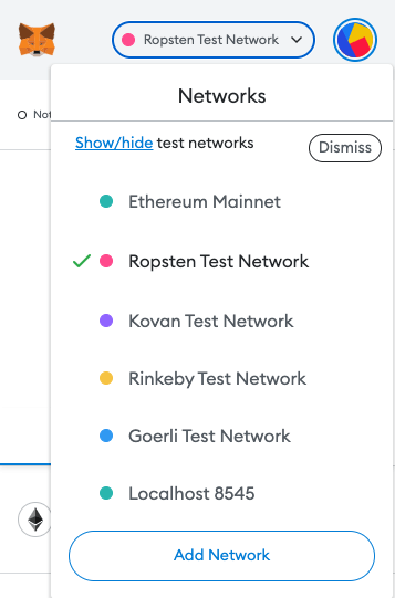 screenshot nastavení správného testnetu v metamask