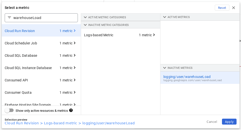 screen shot of Metrics Explorer for Google Cloud Monitoring Log-based metrics 