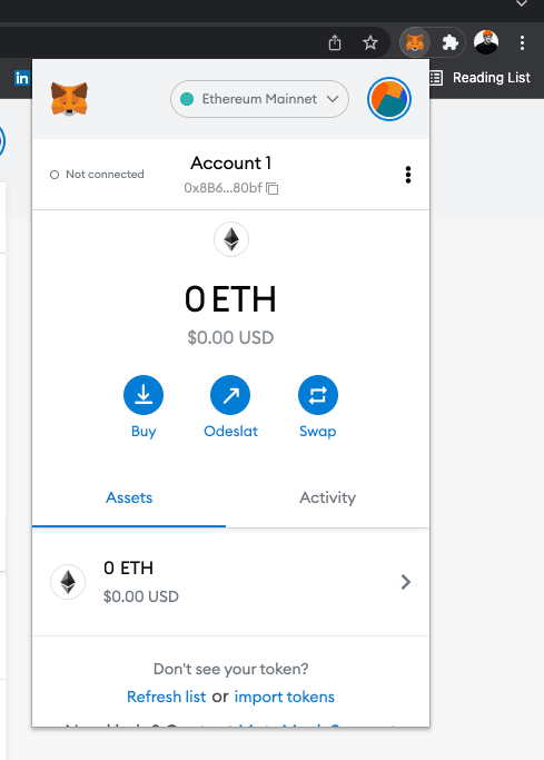 screenshot of the crypto wallet with the current amount 0ETH