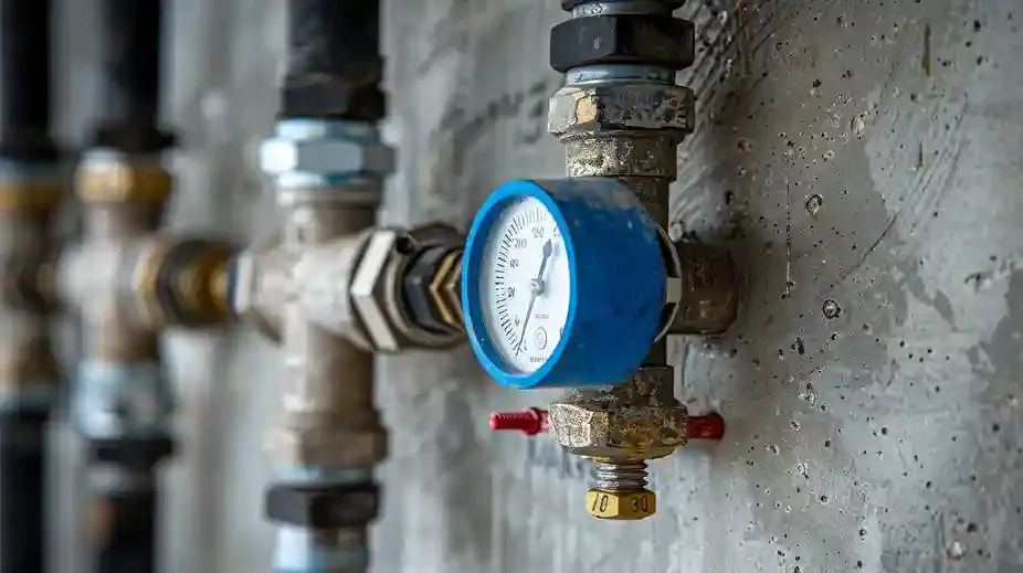 Un misuratore di pressione blu su un tubo a forma di T con un manometro e altri componenti su uno sfondo di cemento.