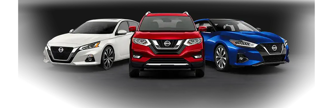 White Nissan Altima, Red Nissan Rogue, Blue Nissan Maxima