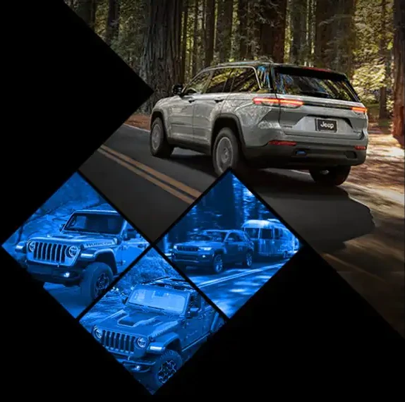 The 2022 Jeep Grand Cherokee Trailhawk 4xe being driven on a two-lane road through the woods.