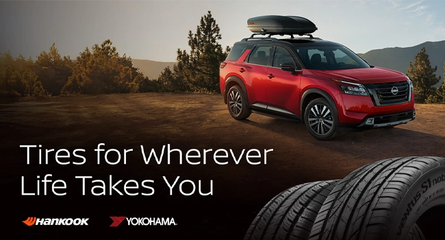 A Nissan Pathfinder with Hankook and Yokohama tires, Tires for wherever life takes you.