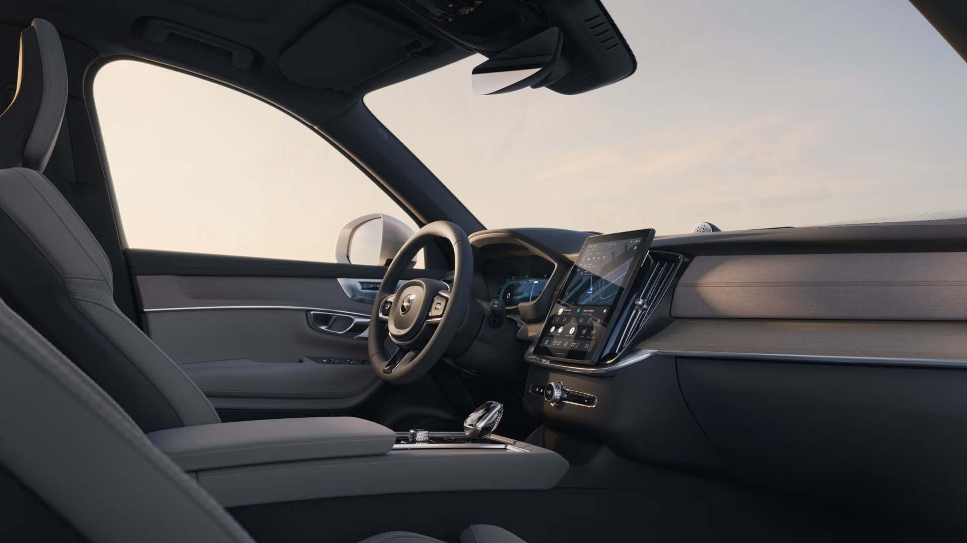 An interior view of cabin from the front passenger seat in the XC90.