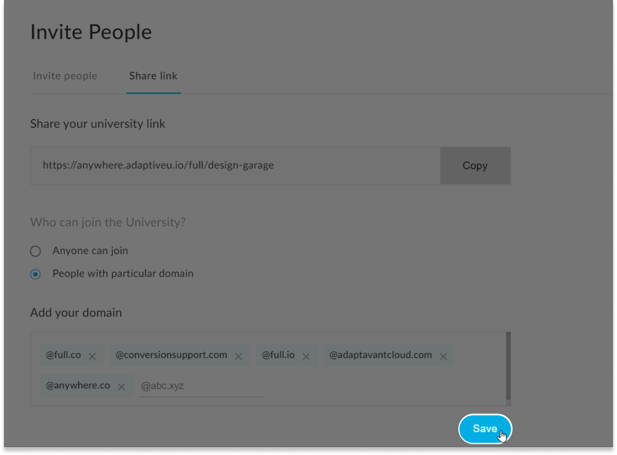 The save button in AdaptiveU invite people settings.