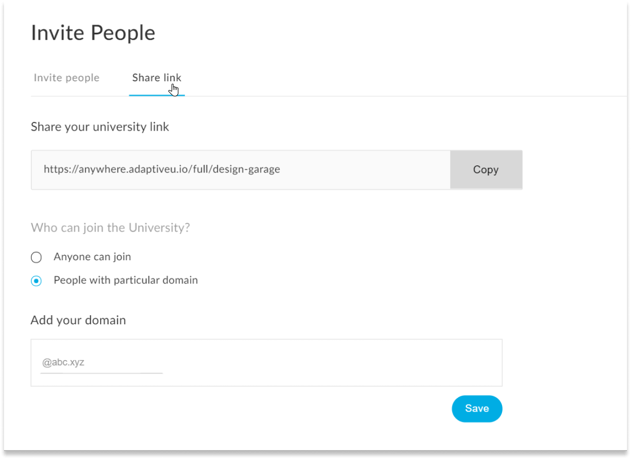 The share link tab in AdaptiveU invite people settings