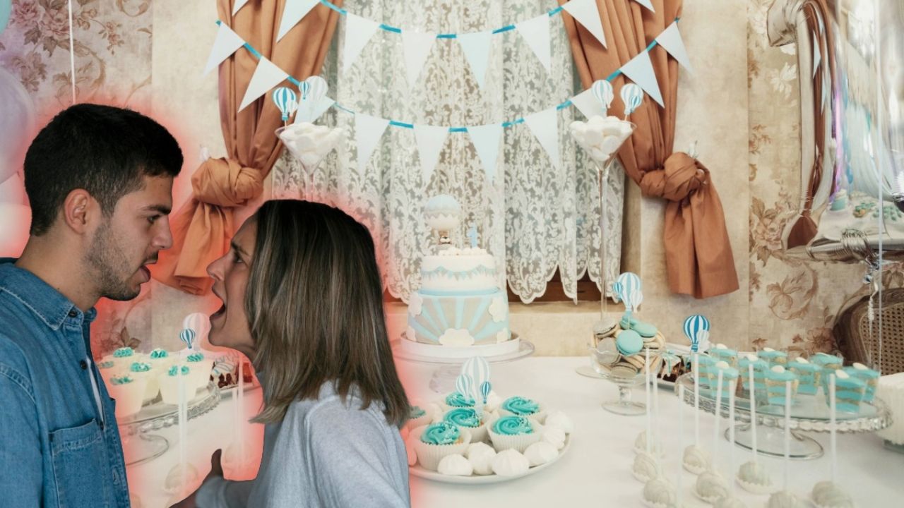 Padre en baby shower sorprendido mirando a otra mujer, desata pelea con su novia.