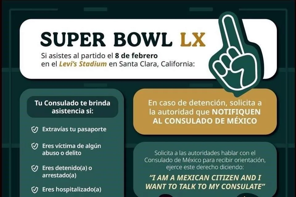 Embajada de EE. UU. en México comparte recomendaciones para los connacionales con motivo del Super Bowl.