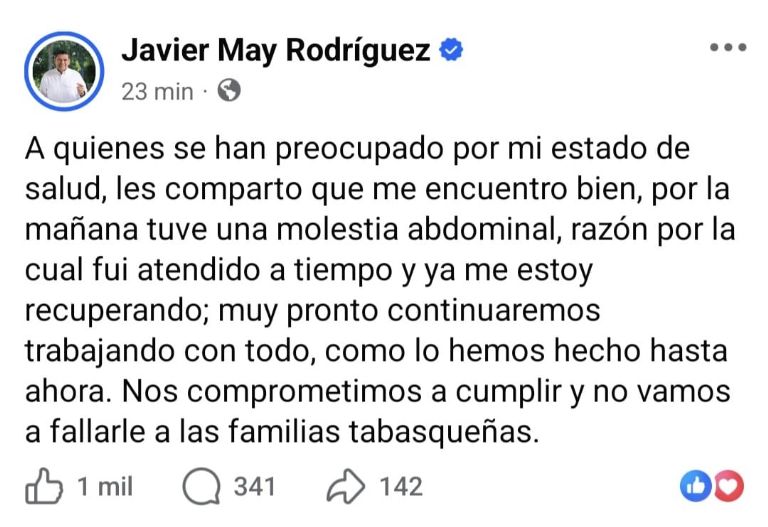 Salud del gobernador de Tabasco, Javier May: ¿cuál es su estado?