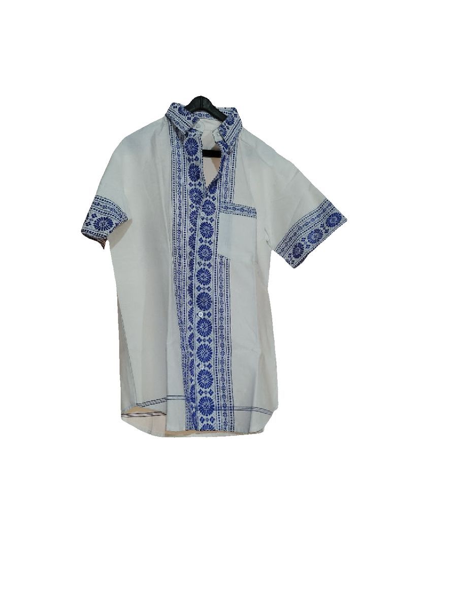 mens half sleeves cotton shirt with blue embroidery