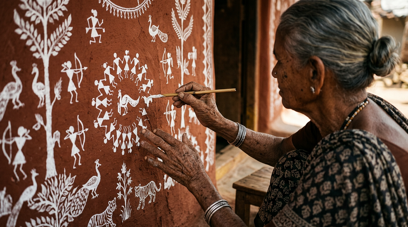 Fig. 3 — A chewed bamboo stick serves as the brush, requiring immense skill to create fluid lines.