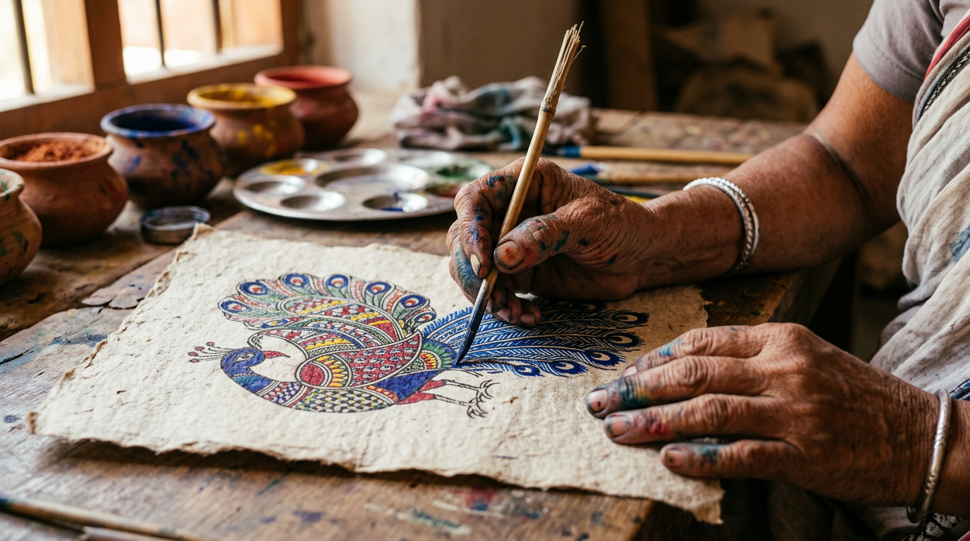 Fig. 1 — The human touch remains the irreplaceable soul of Madhubani art.