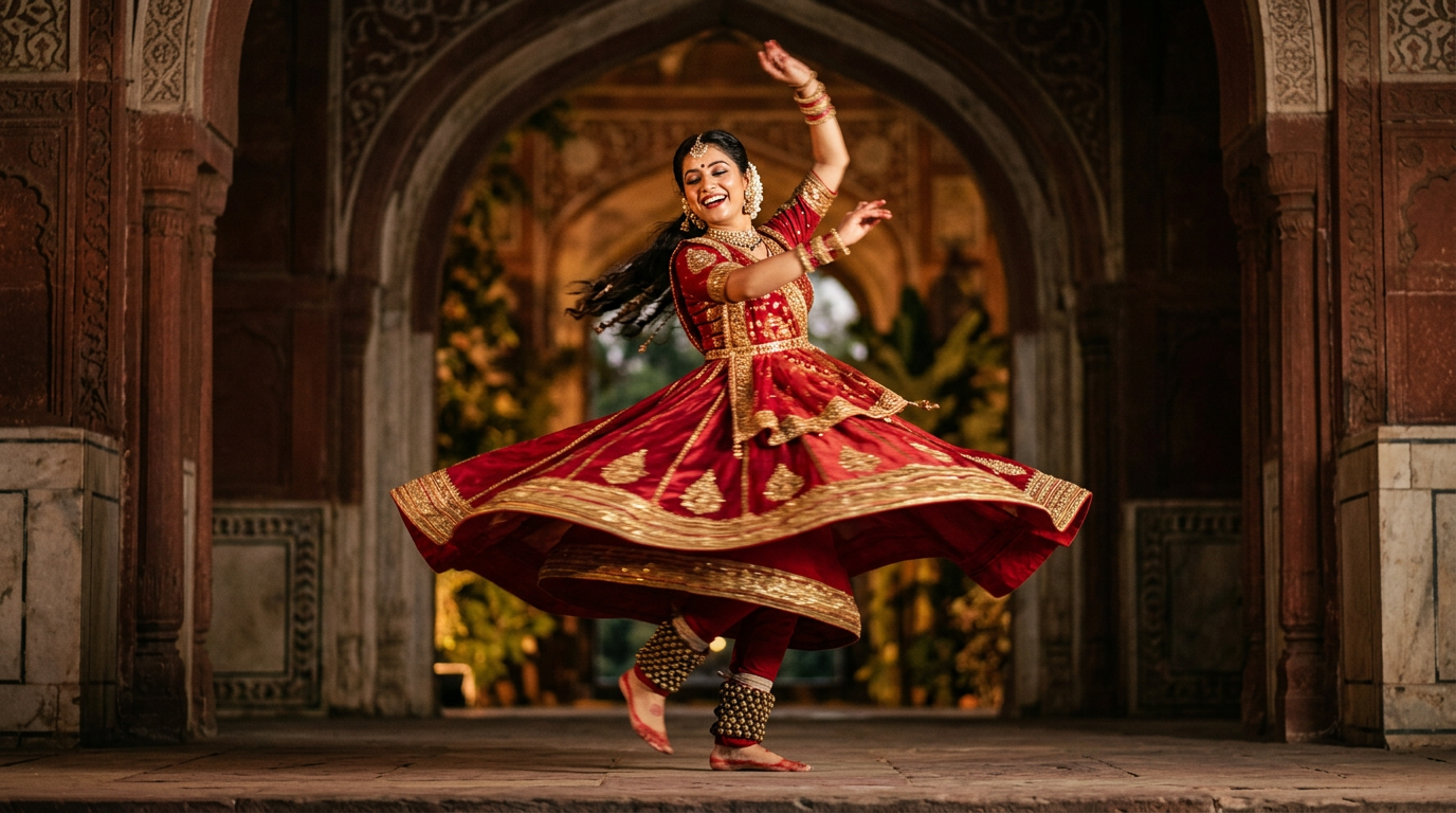 Fig. 3 — The 'chakkar' or spin is a hallmark of Kathak, showcasing the dancer's control and rhythmic virtuosity.