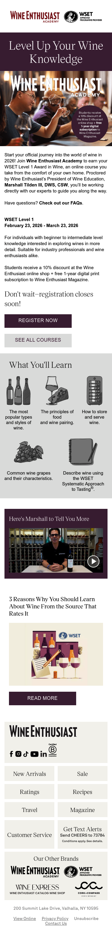Full email screenshot: 🍷REGISTER TODAY for WSET Level 1 Award from www.wineenthusiast.com