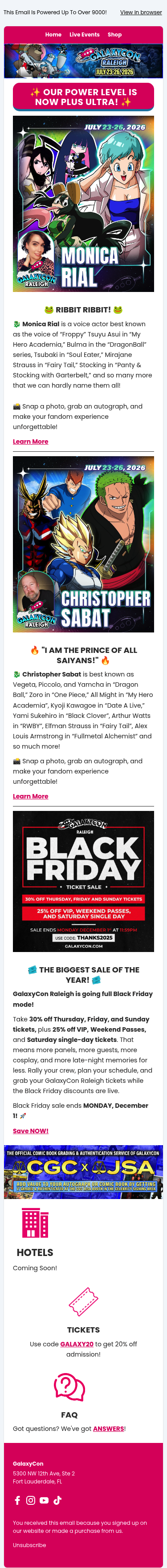 Full email screenshot: Kamehameha! 💥 The Voices of Dragon Ball Z have Arrived! from GalaxyCon