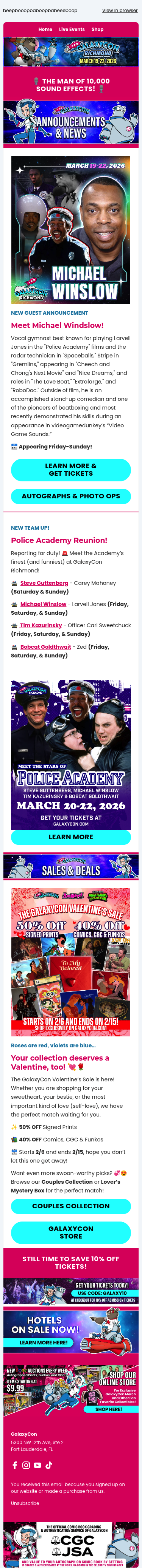Full email screenshot: Attention Recruits! The Police Academy Will Be in Richmond with a New Guest! 🎙️ from GalaxyCon