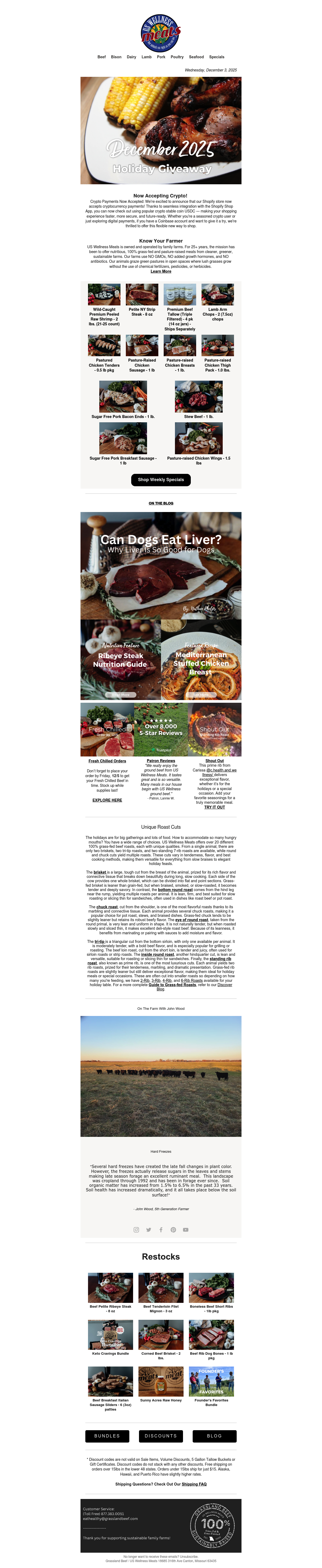 Full email screenshot: Unique Roast Cuts + Hard Freezes + December Giveaways and More! from US Wellness Meats