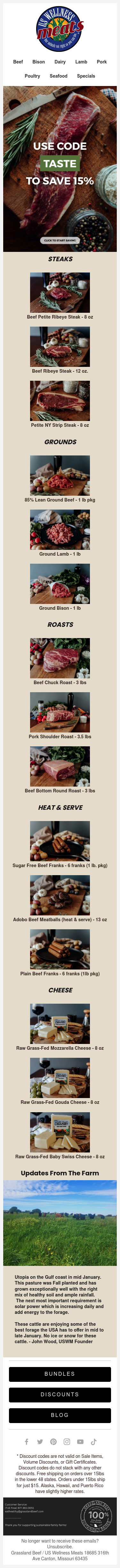 Full email screenshot: Save 15% On Tasty Meats This Week - Use the CODE at checkout 🔥 from US Wellness Meats