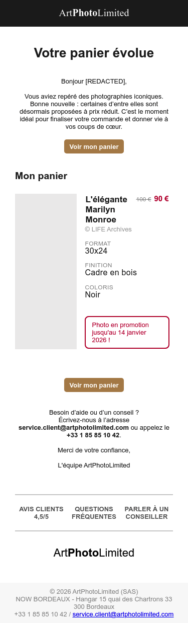 Full email screenshot: Prix en baisse sur votre panier from ArtPhotoLimited