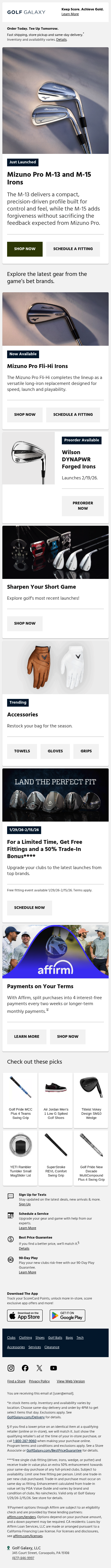 Full email screenshot: Just launched 🚀 Mizuno Pro M-13 & M-15 irons from Golf Galaxy