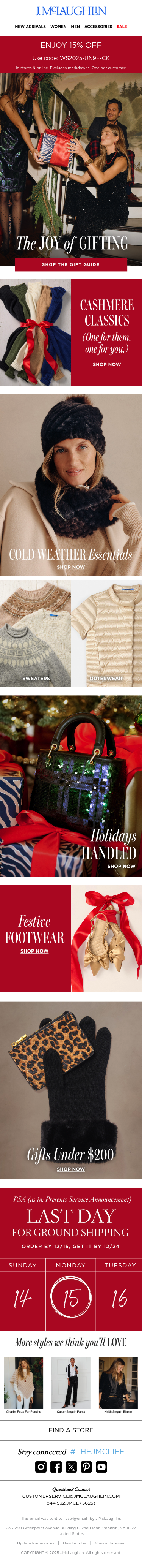 Full email screenshot: Get gifts in time for holiday delivery from J.McLaughlin