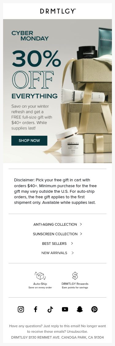 Full email screenshot: Cyber Monday = 30% Off Everything & NEW Free Gifts 🎁 from DRMTLGY