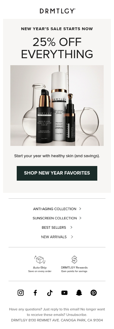 Full email screenshot: New Year’s Sale starts now! ✨ from DRMTLGY