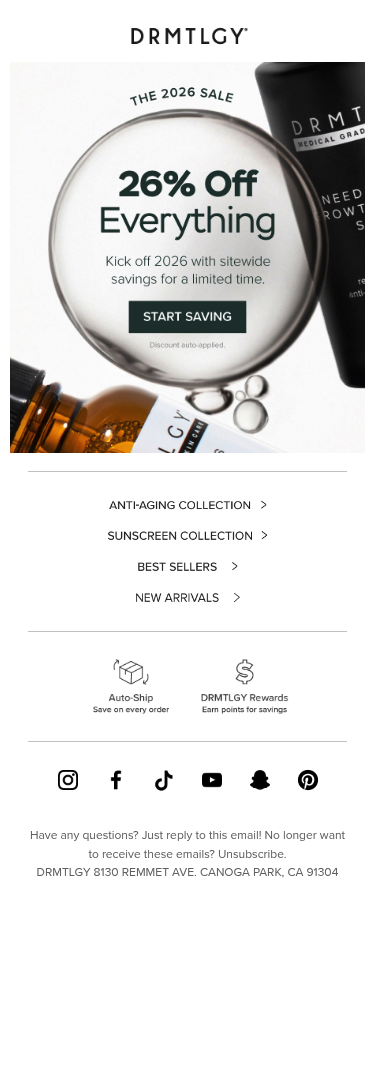 Full email screenshot: IT'S ON: 26% Off Sitewide 🎉 from DRMTLGY