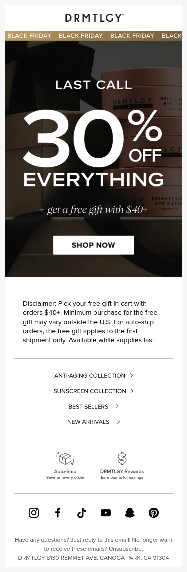 Full email screenshot: Don’t Miss 30% Off & Your New Free Gift 🚨 from DRMTLGY