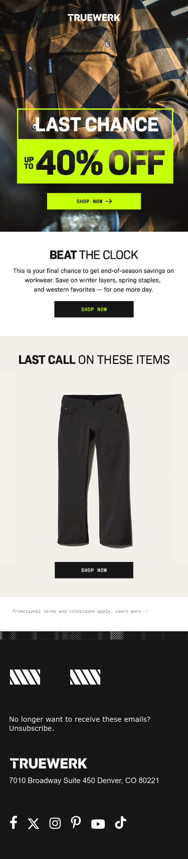 Full email screenshot: Tick. Tock. Up to 40% OFF ends soon. from TRUEWERK