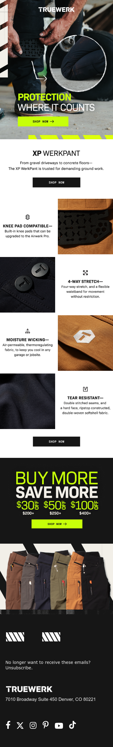 Full email screenshot: Save your knees. Upgrade to the XP WerkPant from TRUEWERK