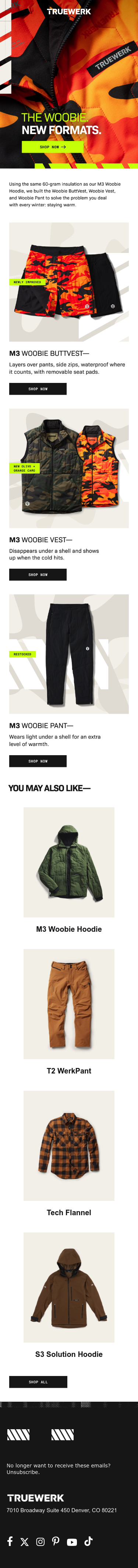 Full email screenshot: New Arrivals: The Woobie ButtVest, Vest, & Pant from TRUEWERK