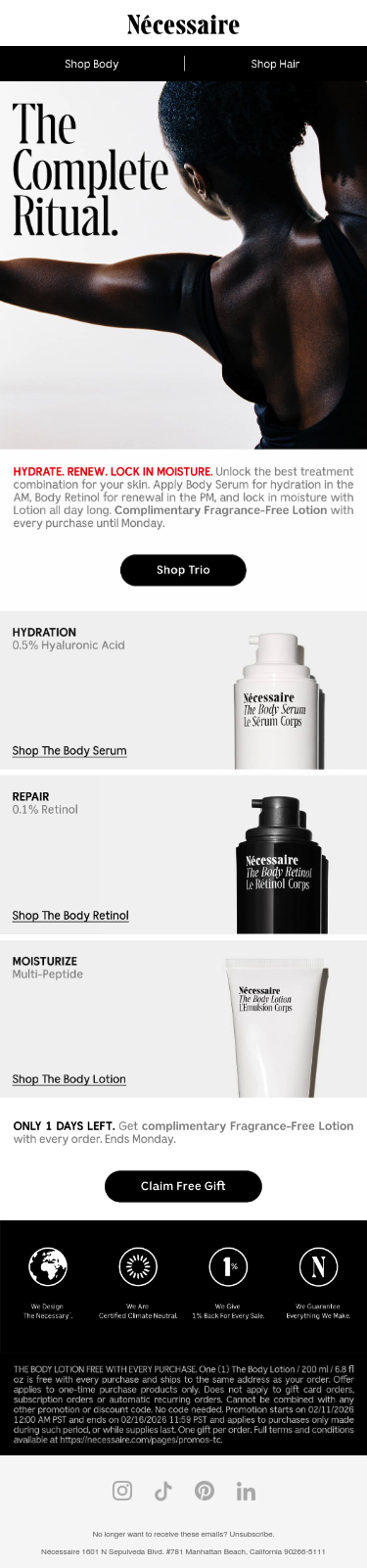 Full email screenshot: Free Body Lotion Ends Tomorrow from Nécessaire, A Personal Care Company
