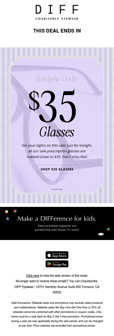 Full email screenshot: Tonight Only 🚨 $35 Sale Glasses from DIFF Eyewear