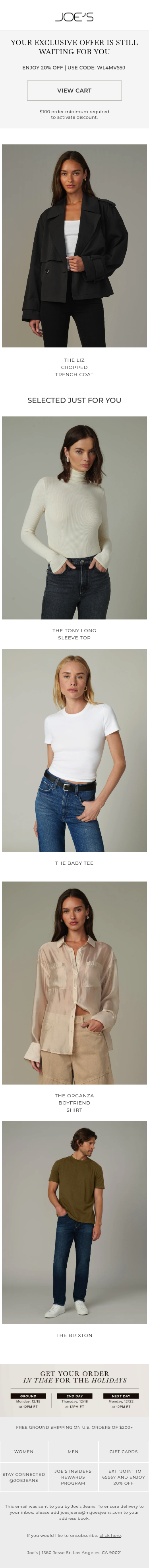 Full email screenshot: 20% OFF Items in Your Cart from Joe's® Jeans