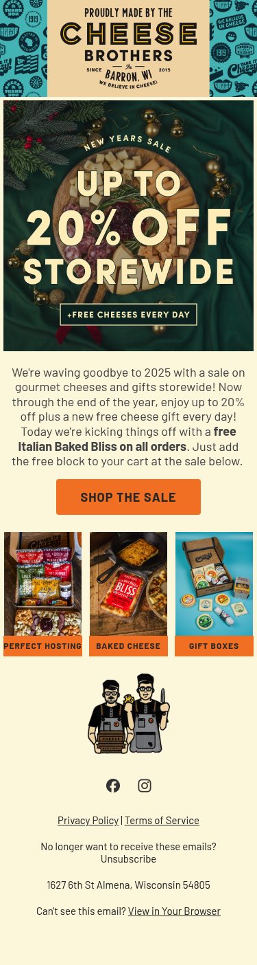 Full email screenshot: New Years Sale: Up to 20% Off + A Free Gift Cheese 🧀🍾 from Cheese Brothers, Inc.