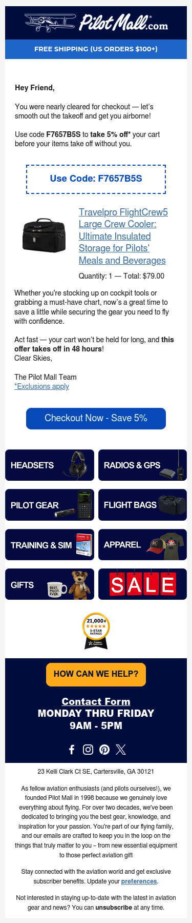 Full email screenshot: Cleared for Checkout: Take 5% Off Your Gear from PilotMall.com